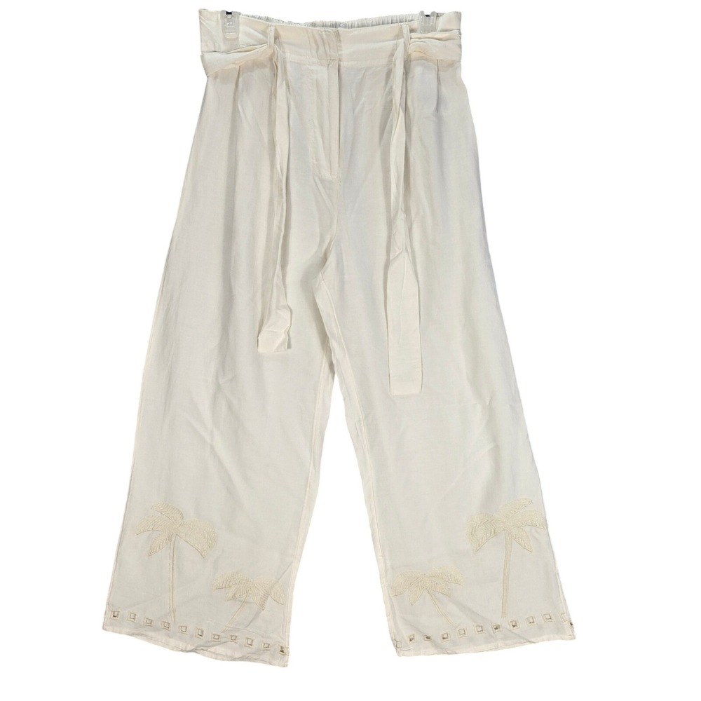 Rip Curl Womens Cream Color Palm Tree Embroidered Linen Blend Wide Leg Pants M